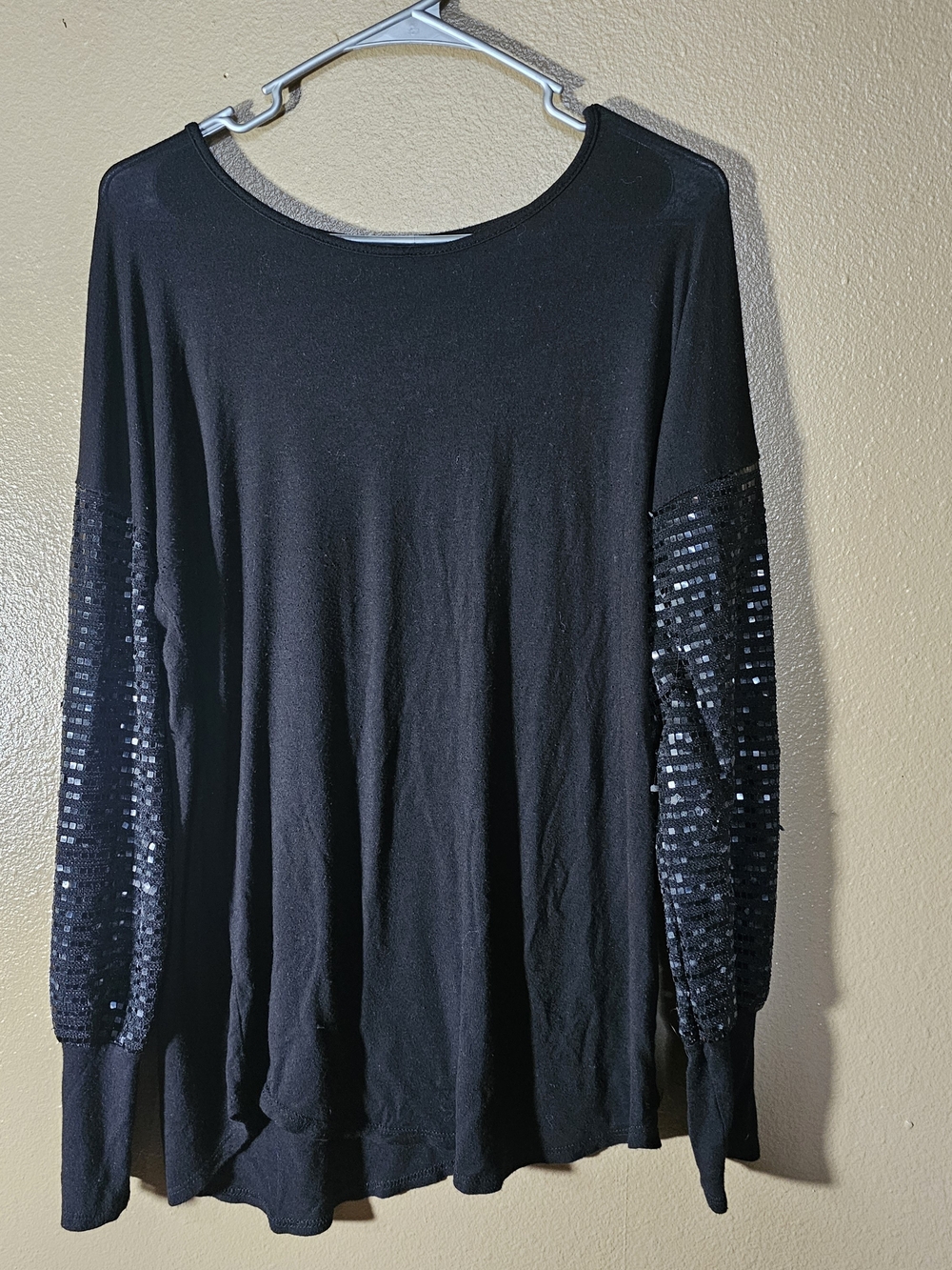 Black Women's Long Sleeve Tee with Sequin Sleeve Detail